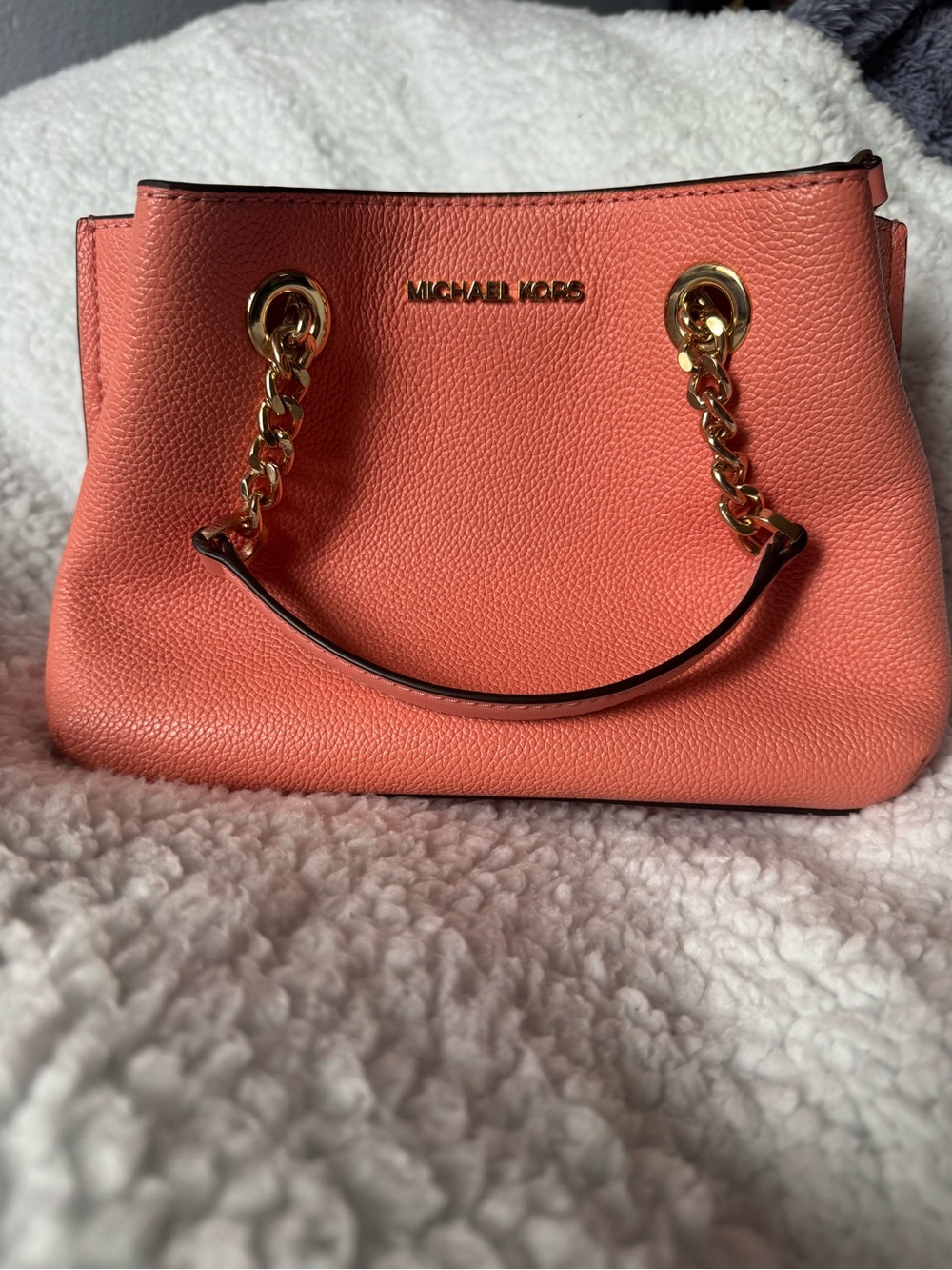Michael Kors Coral-Orange Pebbled Leather Satchel with Gold Chain Handles